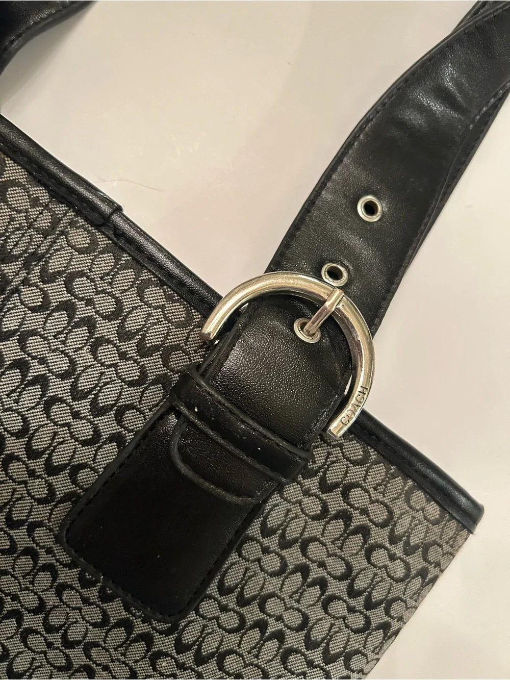 Vintage Coach Soho Signature small black and grey canvas satchel bag